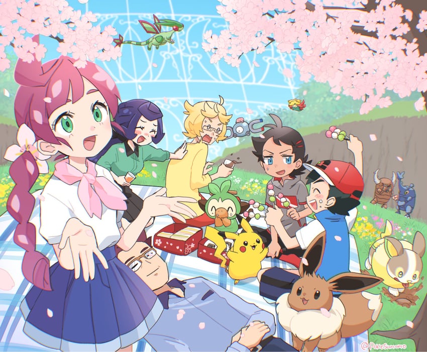 pikachu, ash ketchum, eevee, grookey, magnemite, and 10 more (pokemon and 1 more) drawn by pokesumomo