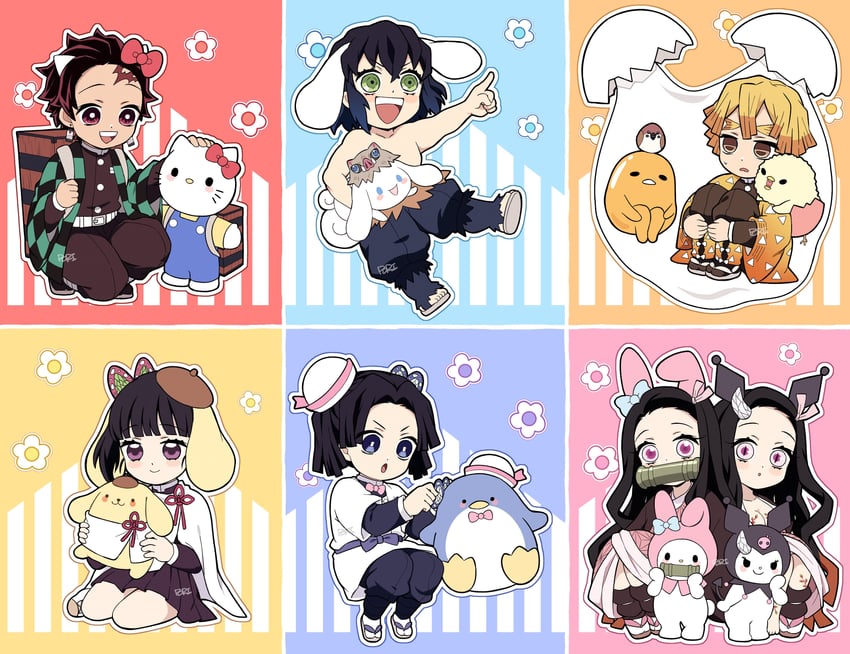kamado nezuko, kamado tanjirou, cinnamoroll, hello kitty, my melody, and 10 more (kimetsu no yaiba and 4 more) drawn by pori_(kmt_pori)