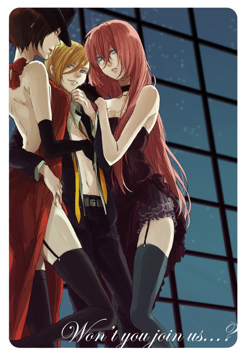 kagamine len, megurine luka, and meiko (vocaloid) drawn by kunieda_(miniaturegarden)