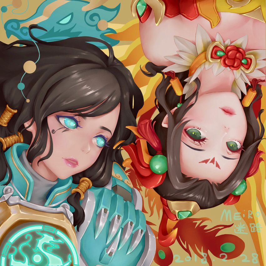 mercy, pharah, zhuque mercy, and qinglong pharah (overwatch and 1 more) drawn by meiro