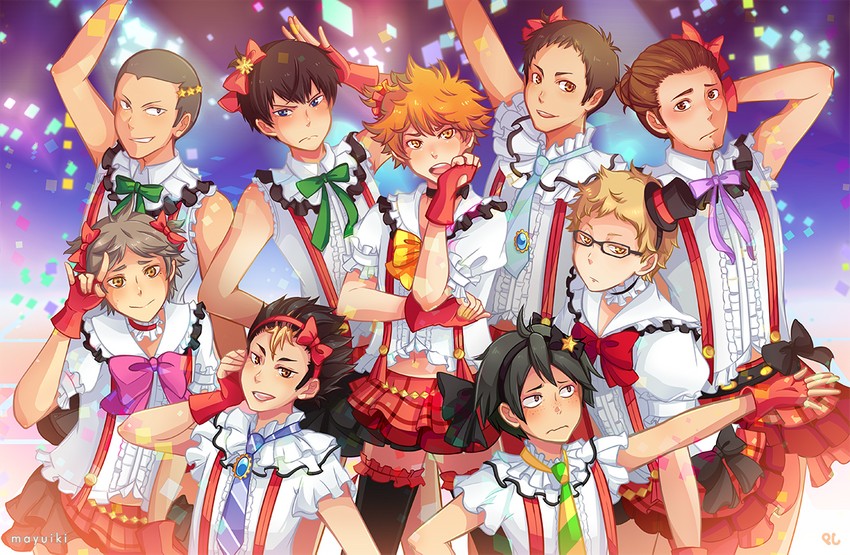 hinata shouyou, kageyama tobio, sawamura daichi, tsukishima kei, sugawara koushi, and 4 more (love live! and 2 more) drawn by ebbilin