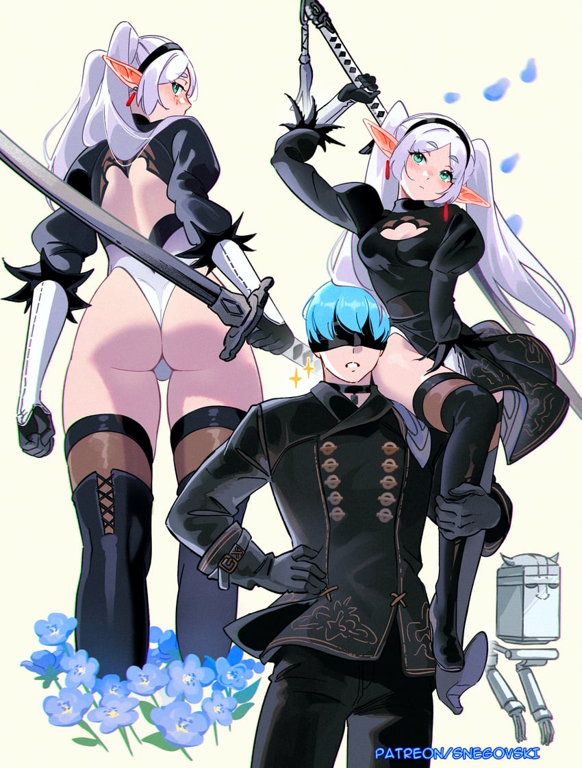 2b, frieren, 9s, and himmel (sousou no frieren and 2 more) drawn by snegovski