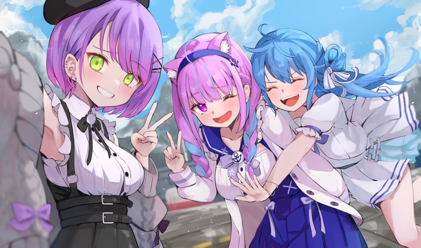 hoshimachi suisei, minato aqua, and tokoyami towa (hololive and 1 more) drawn by hitsujisnow