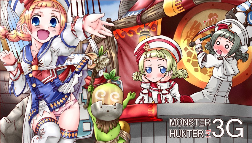 quest receptionist, cha-cha, and arena clerk (monster hunter and 1 more) drawn by kanon_(kurogane_knights)