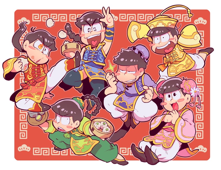 matsuno osomatsu, matsuno karamatsu, matsuno ichimatsu, matsuno jyushimatsu, matsuno choromatsu, and 1 more (osomatsu and 1 more) drawn by sanjiro_(tenshin_anman)