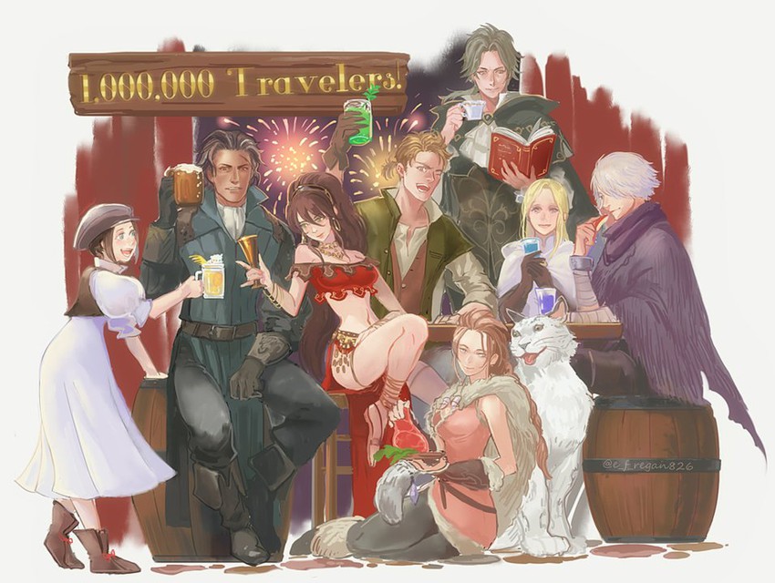 therion, tressa colzione, ophilia clement, primrose azelhart, cyrus albright, and 3 more (octopath traveler and 1 more) drawn by regan_(hatsumi)