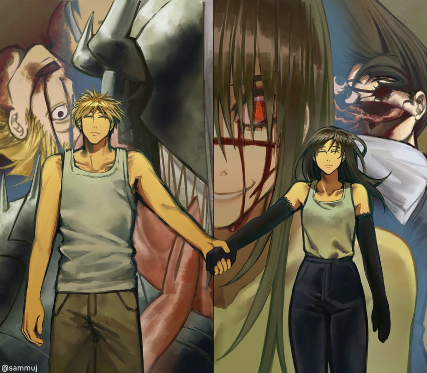 denji, yoru, mitaka asa, and chainsaw devil (chainsaw man) drawn by sammuij