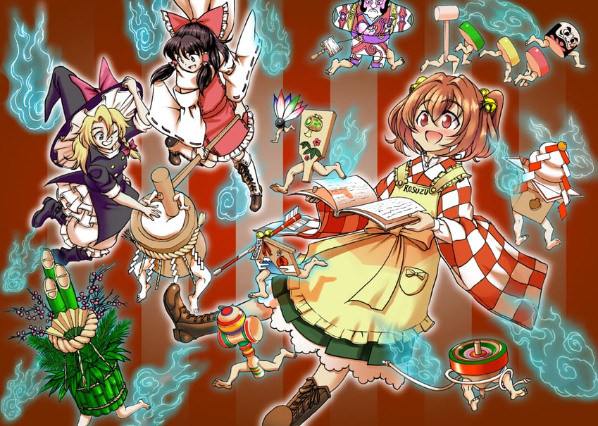 hakurei reimu, kirisame marisa, and motoori kosuzu (touhou and 1 more) drawn by taisa061
