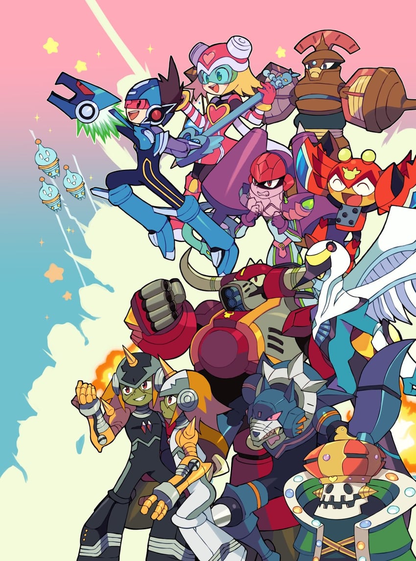 sonia strumm, geo stelar, star force mega man, harp note, omega-xis, and 9 more (mega man and 2 more) drawn by miyata_(lhr)