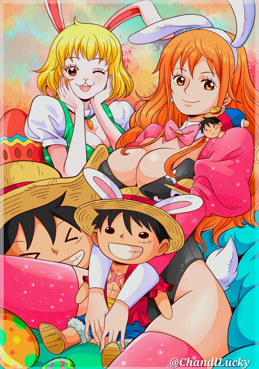 nami, monkey d. luffy, and carrot (one piece) drawn by chandllucky