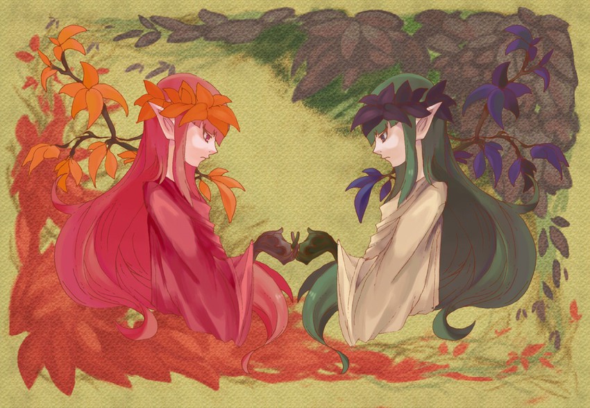 queen of autumn leaves and green phantom king (yu-gi-oh!) drawn by sumi_tanto