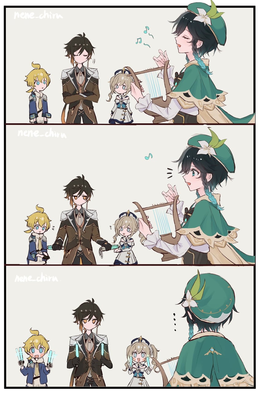 zhongli, venti, barbara, and mika (genshin impact) drawn by nene_chiru