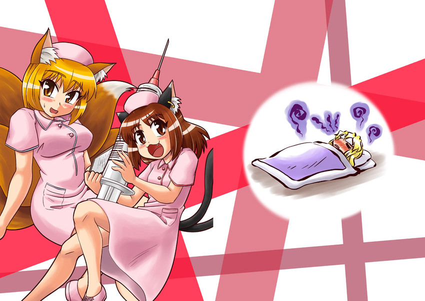 yakumo yukari, yakumo ran, and chen (touhou) drawn by sasuke_(sasuke_no_sato)