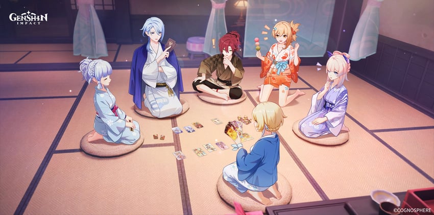 lumine, kamisato ayaka, sangonomiya kokomi, yoimiya, kamisato ayato, and 1 more (genshin impact)