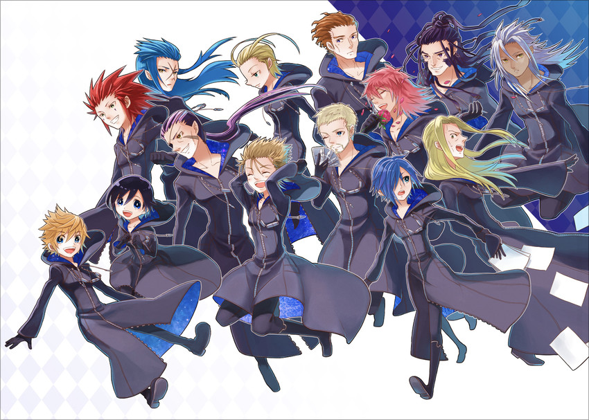 roxas, xion, axel, xemnas, saix, and 9 more (kingdom hearts and 1 more) drawn by akizuno
