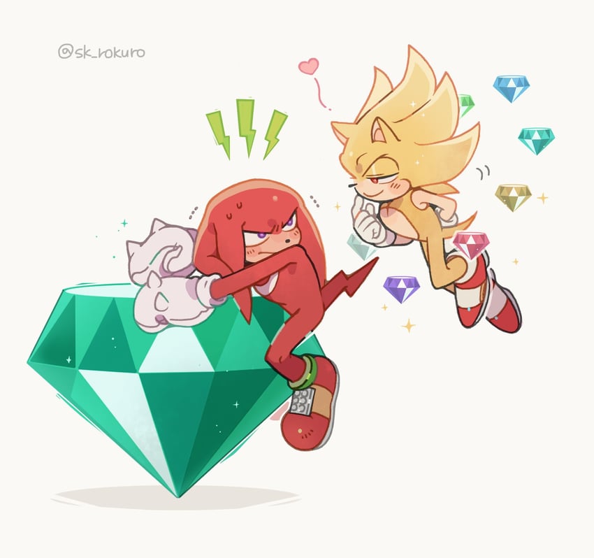 sonic the hedgehog, knuckles the echidna, and super sonic (sonic) drawn by sk_rokuro