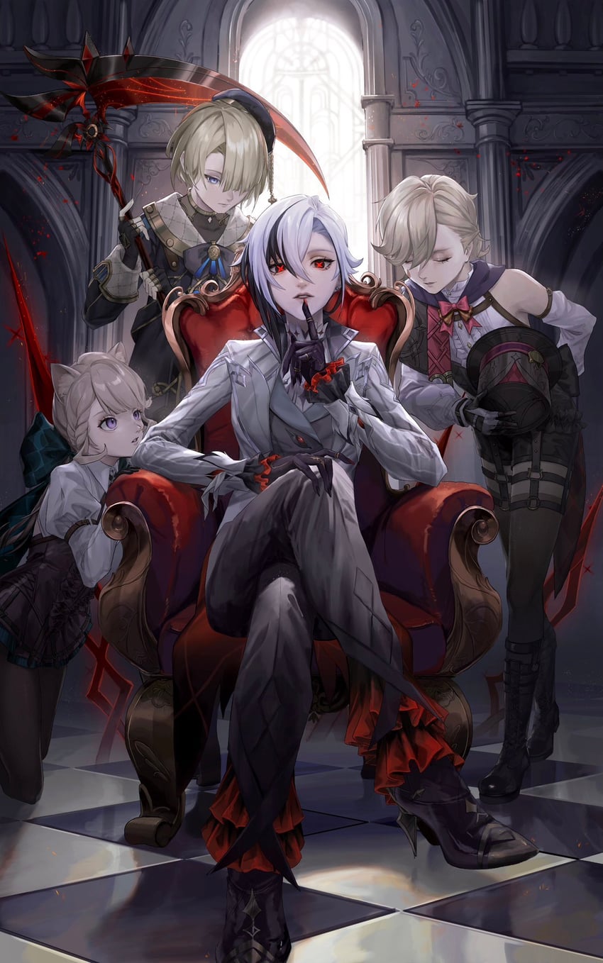 arlecchino, lynette, lyney, and freminet (genshin impact) drawn by kuromame_grimm