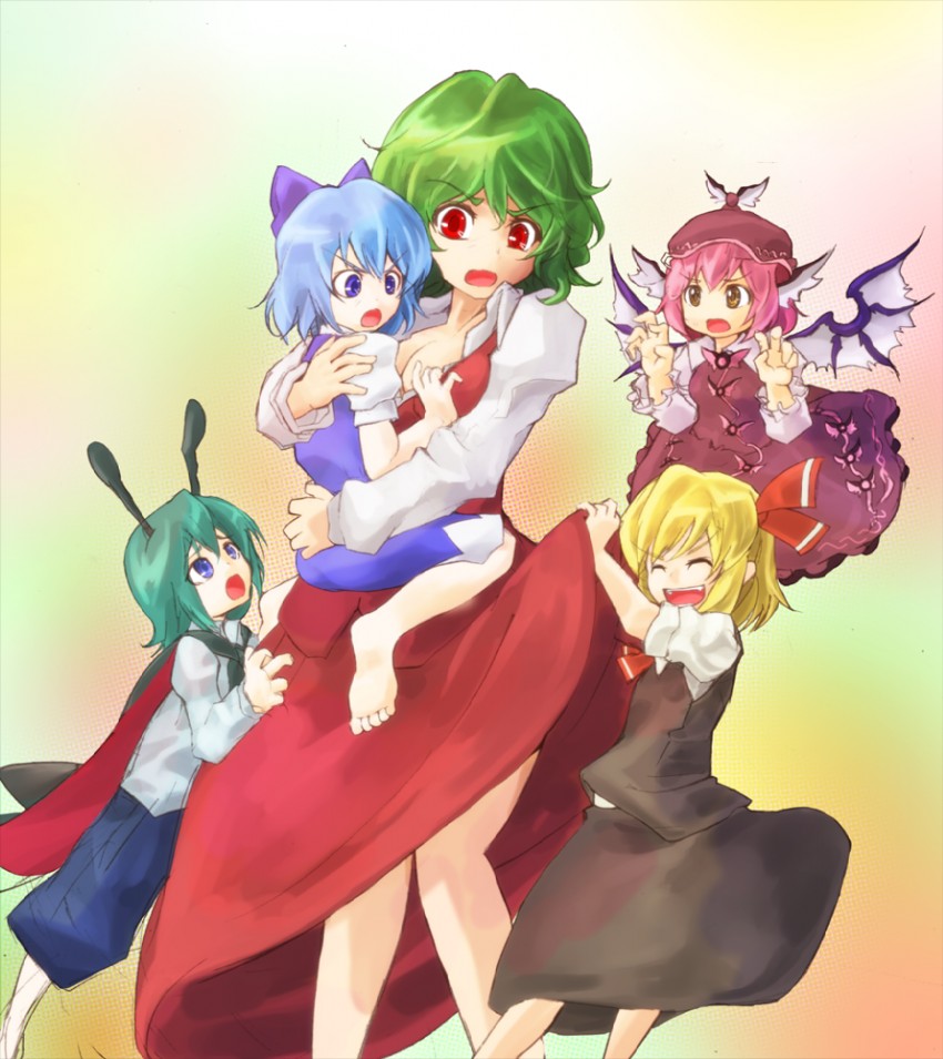 cirno, rumia, kazami yuuka, mystia lorelei, and wriggle nightbug (touhou) drawn by memento_vivi