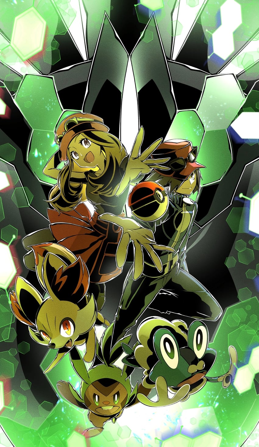 serena, calem, fennekin, chespin, froakie, and 1 more (pokemon and 1 more) drawn by kakashino_kakato