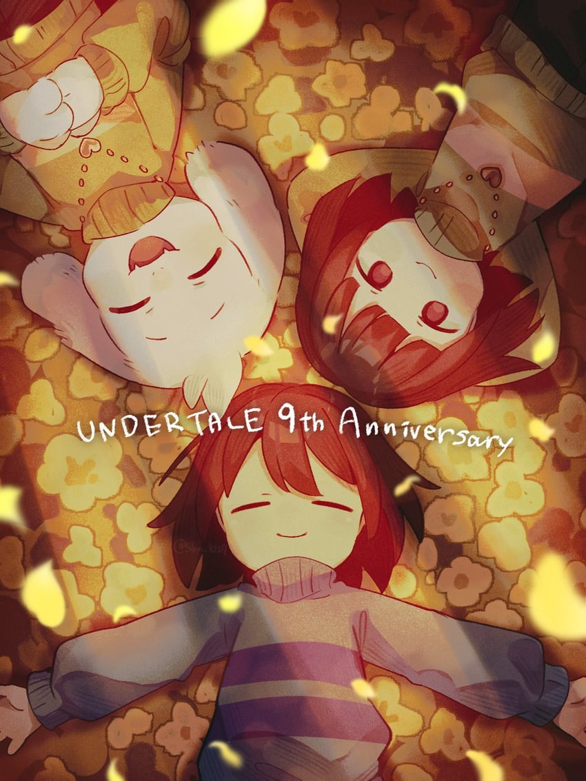 frisk, chara, and asriel dreemurr (undertale) drawn by skn_1027