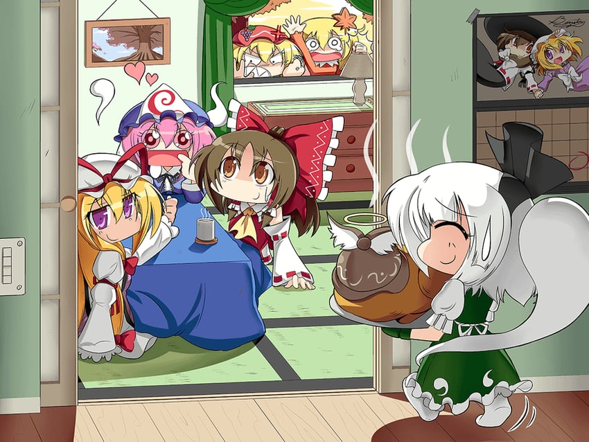 hakurei reimu, konpaku youmu, yakumo yukari, saigyouji yuyuko, mystia lorelei, and 4 more (touhou and 1 more) drawn by banzatou