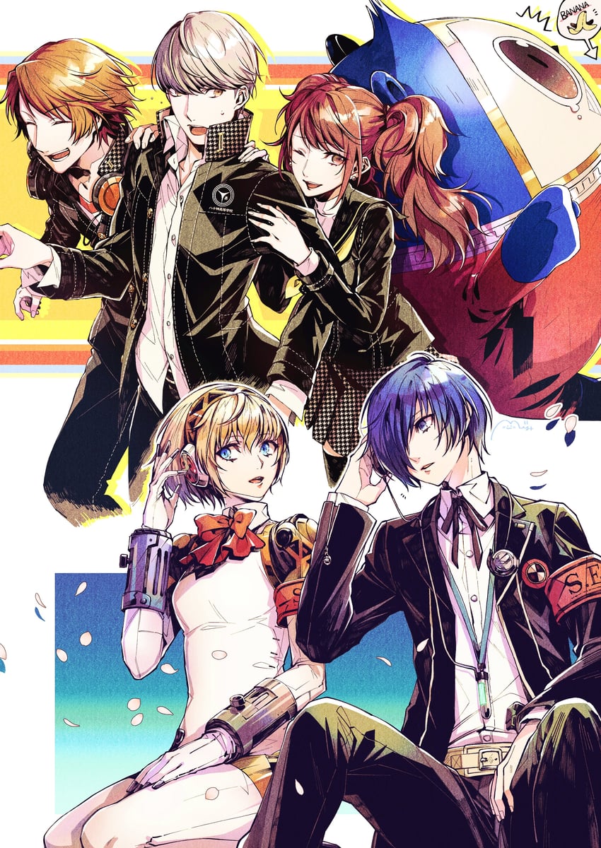 narukami yu, yuuki makoto, aigis, kujikawa rise, hanamura yousuke, and 1 more (persona and 2 more) drawn by yuu_(isis7796)