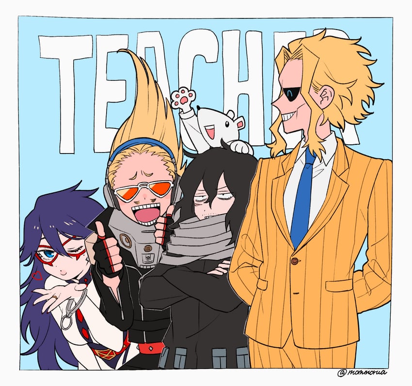 aizawa shota, yagi toshinori, midnight, present mic, and nezu (boku no hero academia) drawn by mommorua