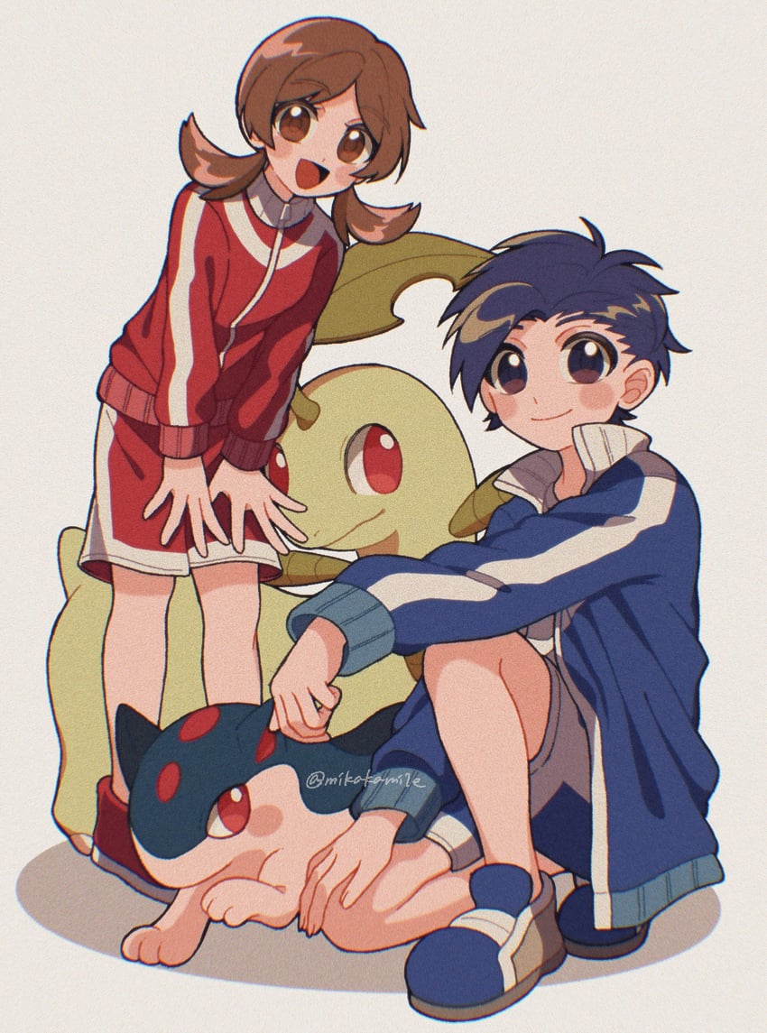 ethan, lyra, quilava, and bayleef (pokemon and 1 more) drawn by mikakami1e