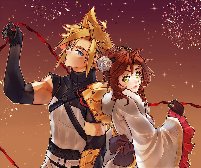 cloud strife and aerith gainsborough (final fantasy and 2 more) drawn by kurohyn