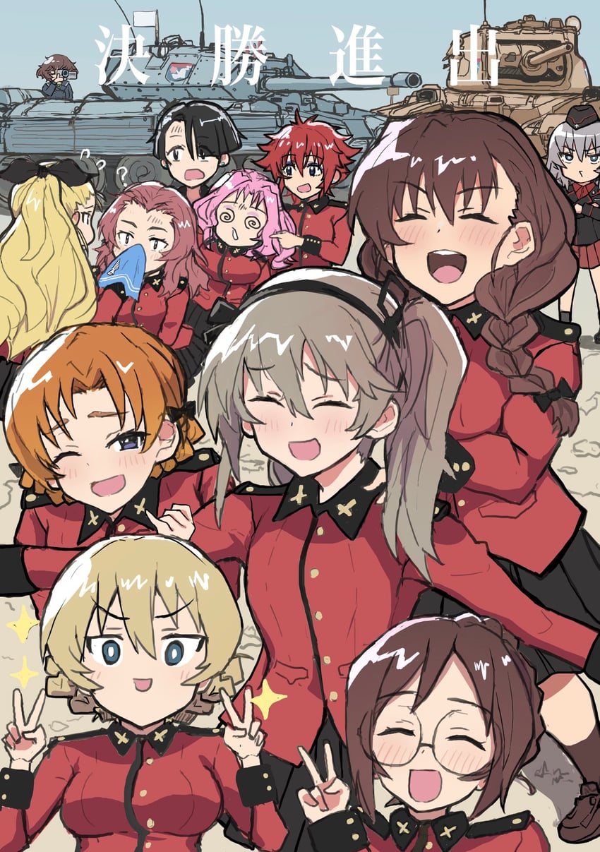 darjeeling, itsumi erika, akiyama yukari, shimada arisu, orange pekoe, and 7 more (girls und panzer) drawn by mordeth