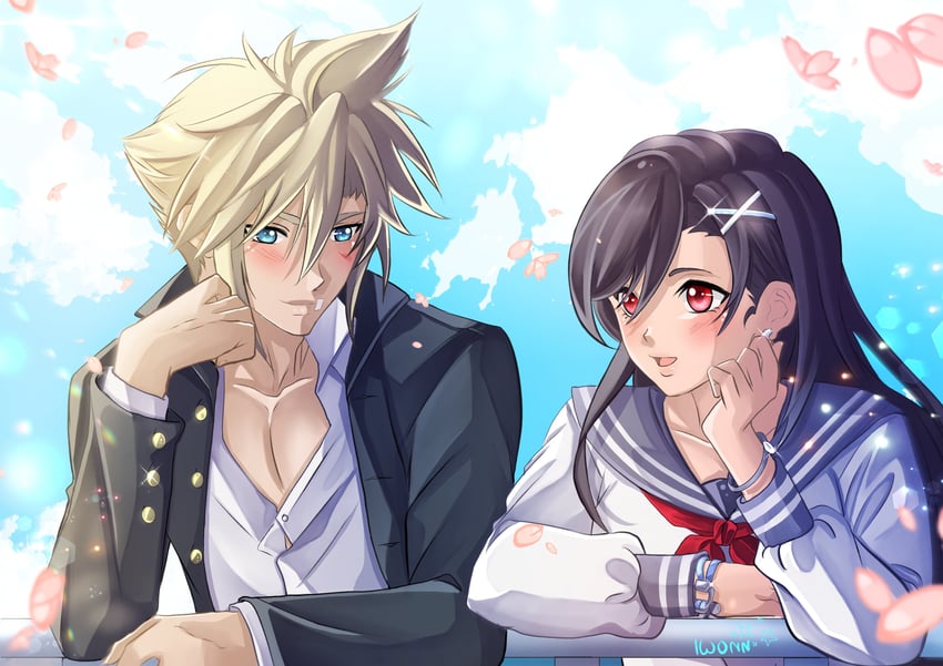 tifa lockhart and cloud strife (final fantasy and 2 more) drawn by iwonn_(pixiv943160)