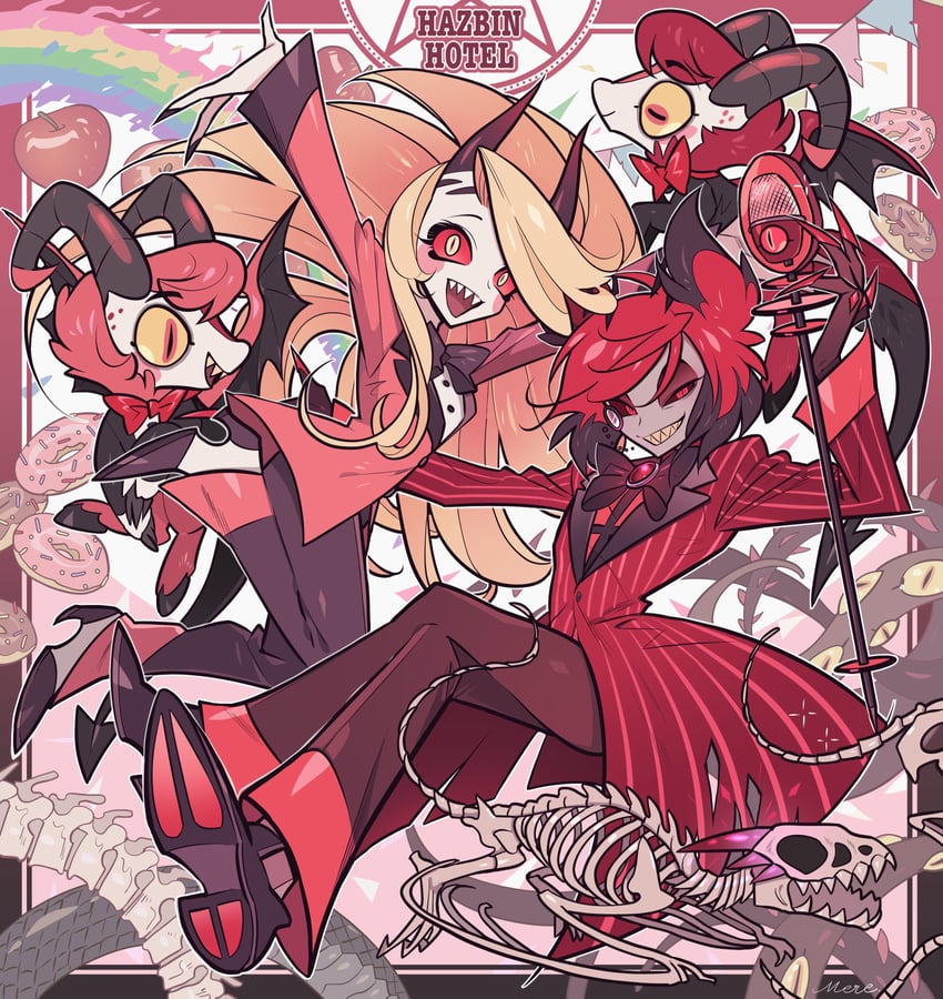 charlie morningstar, alastor, razzle, and dazzle (hazbin hotel) drawn by meremero