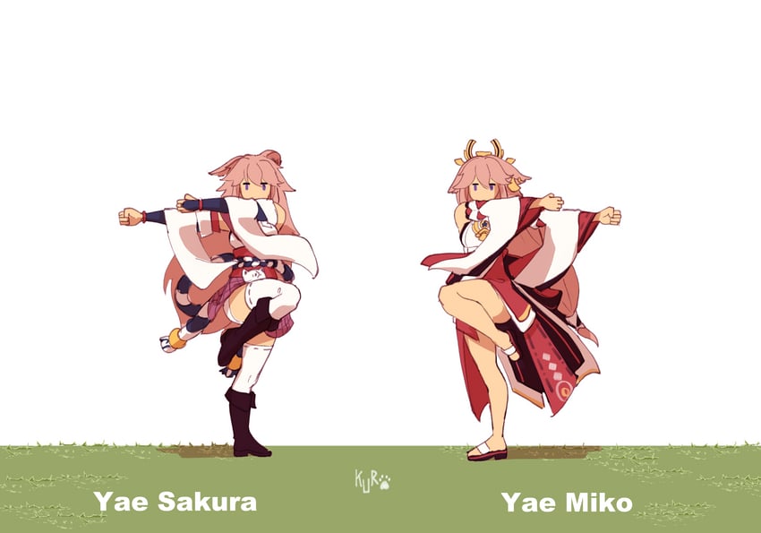 yae miko and yae sakura (genshin impact and 4 more) drawn by kuroqueta