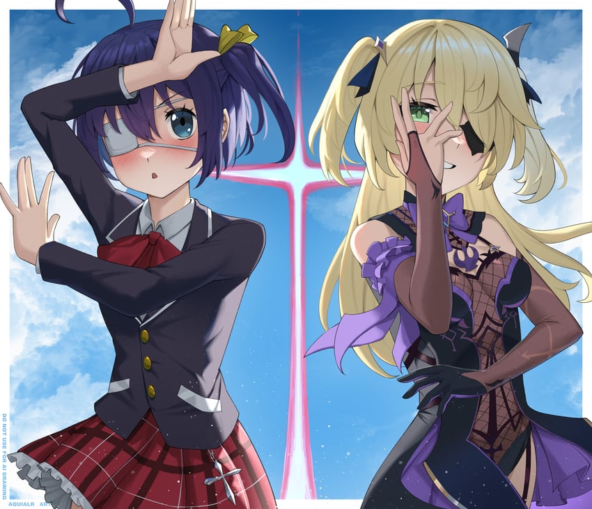 fischl, takanashi rikka, and uchida maaya (genshin impact and 1 more) drawn by aquilar