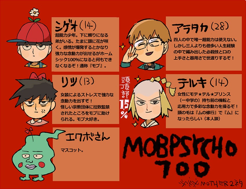 kageyama shigeo, ness, reigen arataka, paula, kageyama ritsu, and 6 more (mother and 2 more) drawn by aoki_(fumomo)
