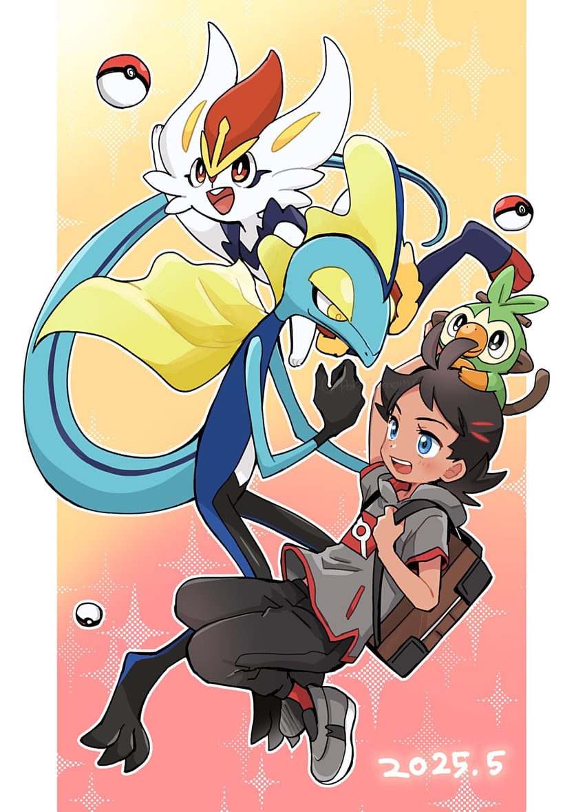 grookey, goh, cinderace, and inteleon (pokemon and 1 more) drawn by pokesumomo