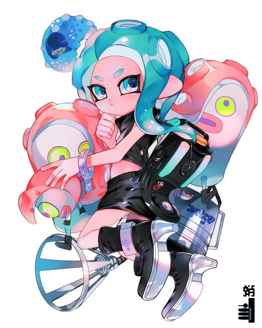 octoling player character, octoling girl, agent 8, octotrooper, c.q. cumber, and 1 more (splatoon and 2 more) drawn by yoshida_(ne)