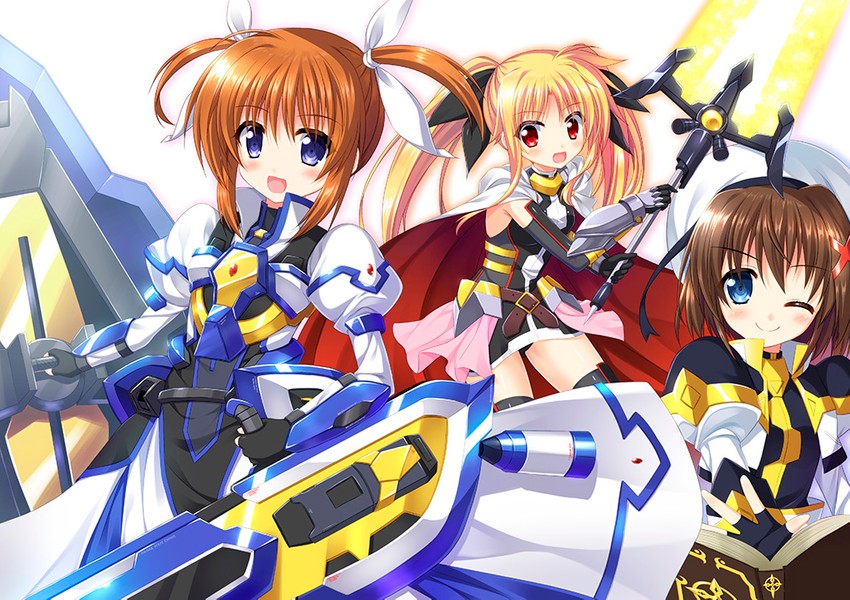 fate testarossa, takamachi nanoha, yagami hayate, bardiche, tome of the night sky, and 2 more (lyrical nanoha and 2 more) drawn by endori