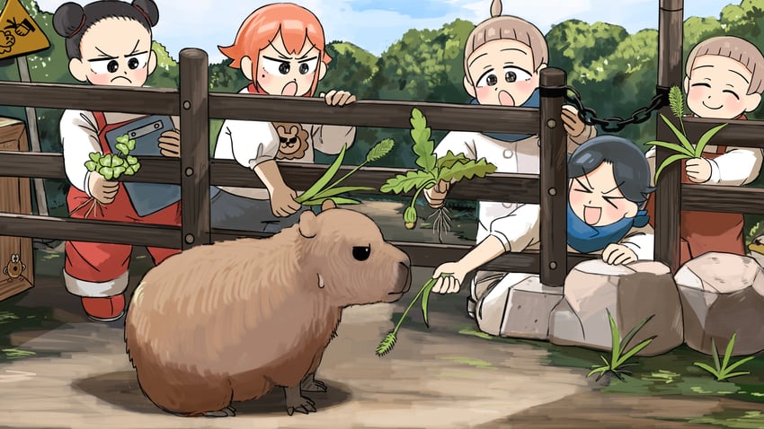 survey girl, bob cut twin, topknot twin, lion shirt boy, and blue haired boy (zookeepers) drawn by diva_(hyxpk)