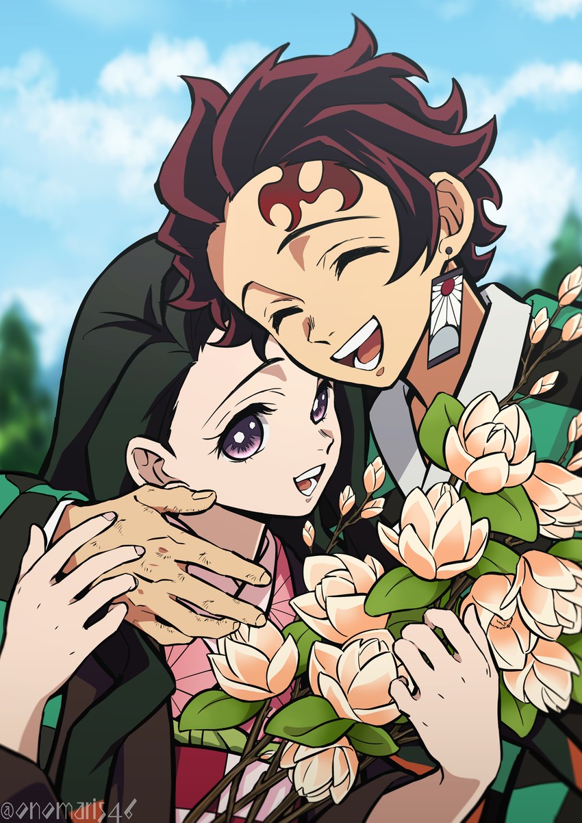 kamado nezuko and kamado tanjirou (kimetsu no yaiba) drawn by onomari546
