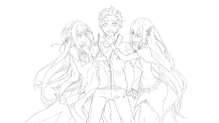 emilia, natsuki subaru, and echidna (re:zero kara hajimeru isekai seikatsu and 1 more) drawn by pieindisguise