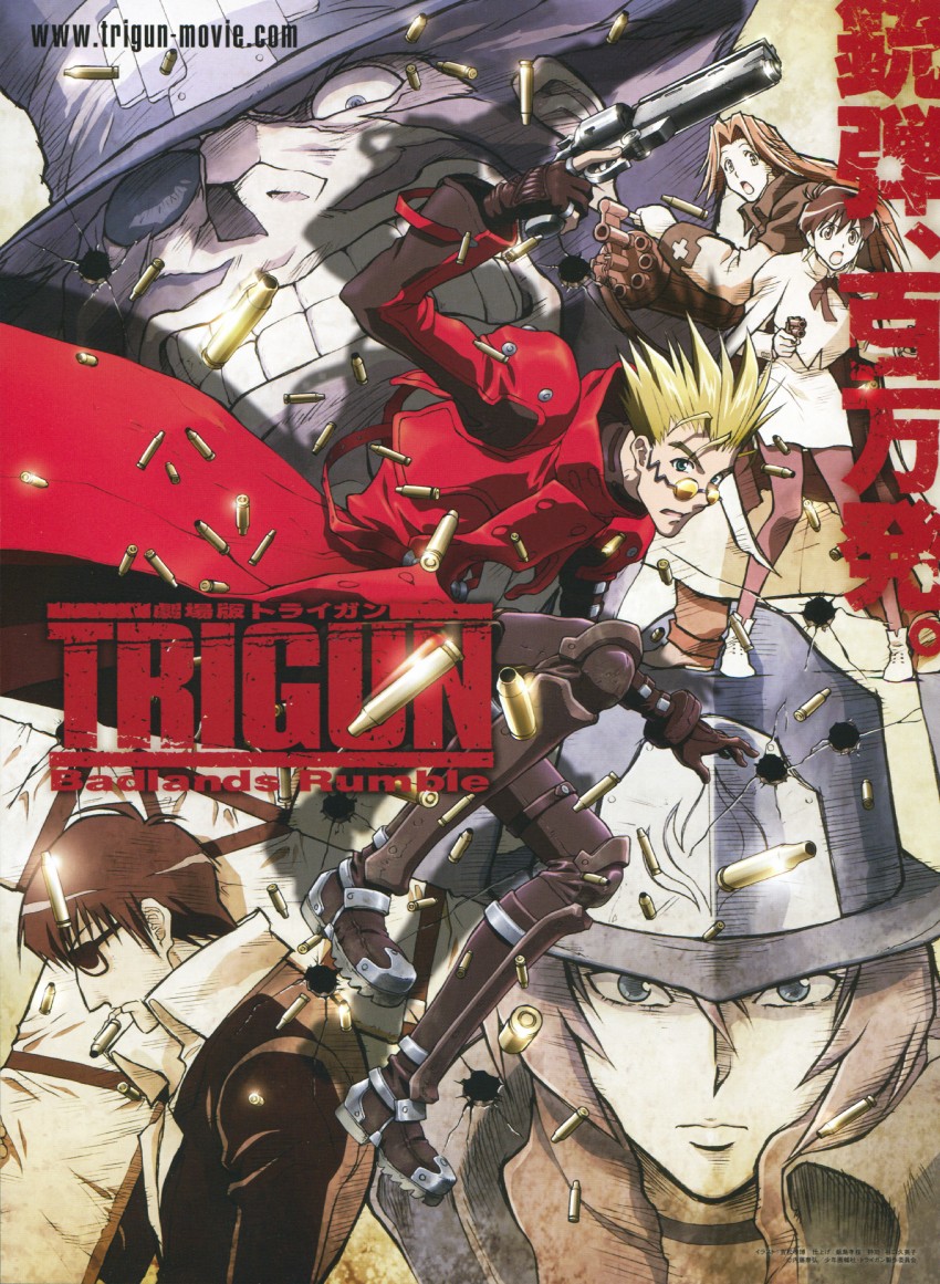 vash the stampede, nicholas d. wolfwood, meryl stryfe, milly thompson, gasback, and 1 more (trigun and 1 more) drawn by yoshimatsu_takahiro