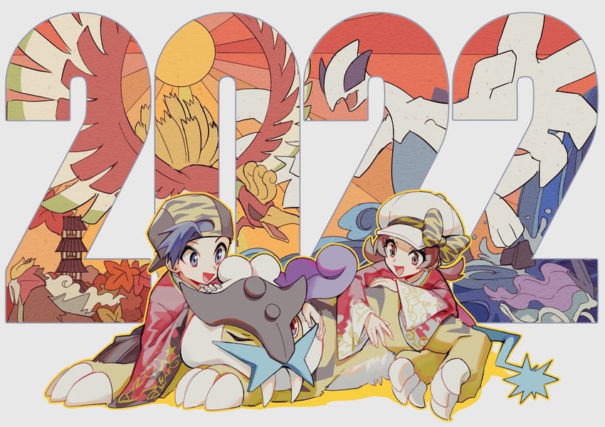 ethan, lyra, lugia, ho-oh, suicune, and 2 more (pokemon and 1 more) drawn by huan_li