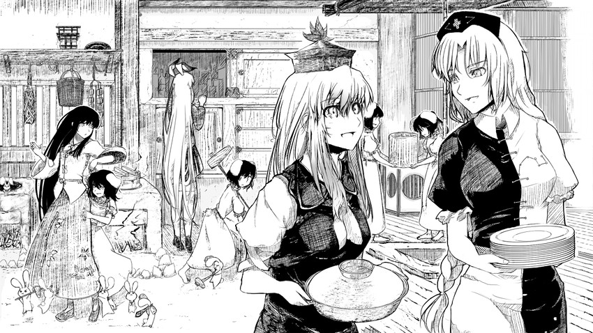 reisen udongein inaba, kamishirasawa keine, houraisan kaguya, inaba tewi, yagokoro eirin, and 1 more (touhou) drawn by pen_(pixiv257621)