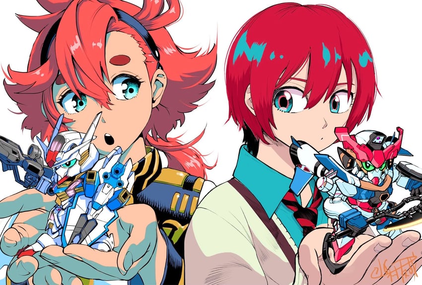 suletta mercury, amate yuzuriha, gundam aerial, and gquuuuuux (gundam and 3 more) drawn by mizumura_yuya