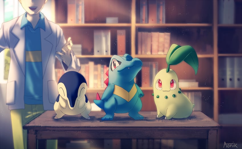 cyndaquil, chikorita, totodile, and professor elm (pokemon and 1 more) drawn by aonik
