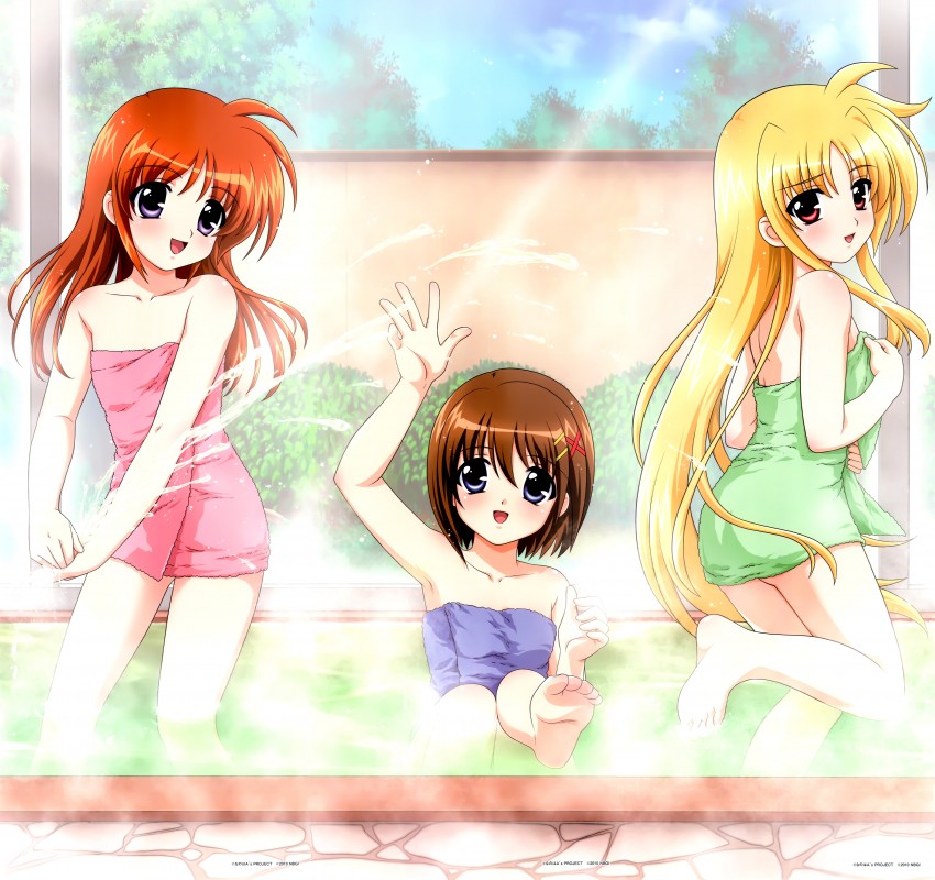 fate testarossa, takamachi nanoha, and yagami hayate (lyrical nanoha and 2 more) drawn by okuda_yasuhiro