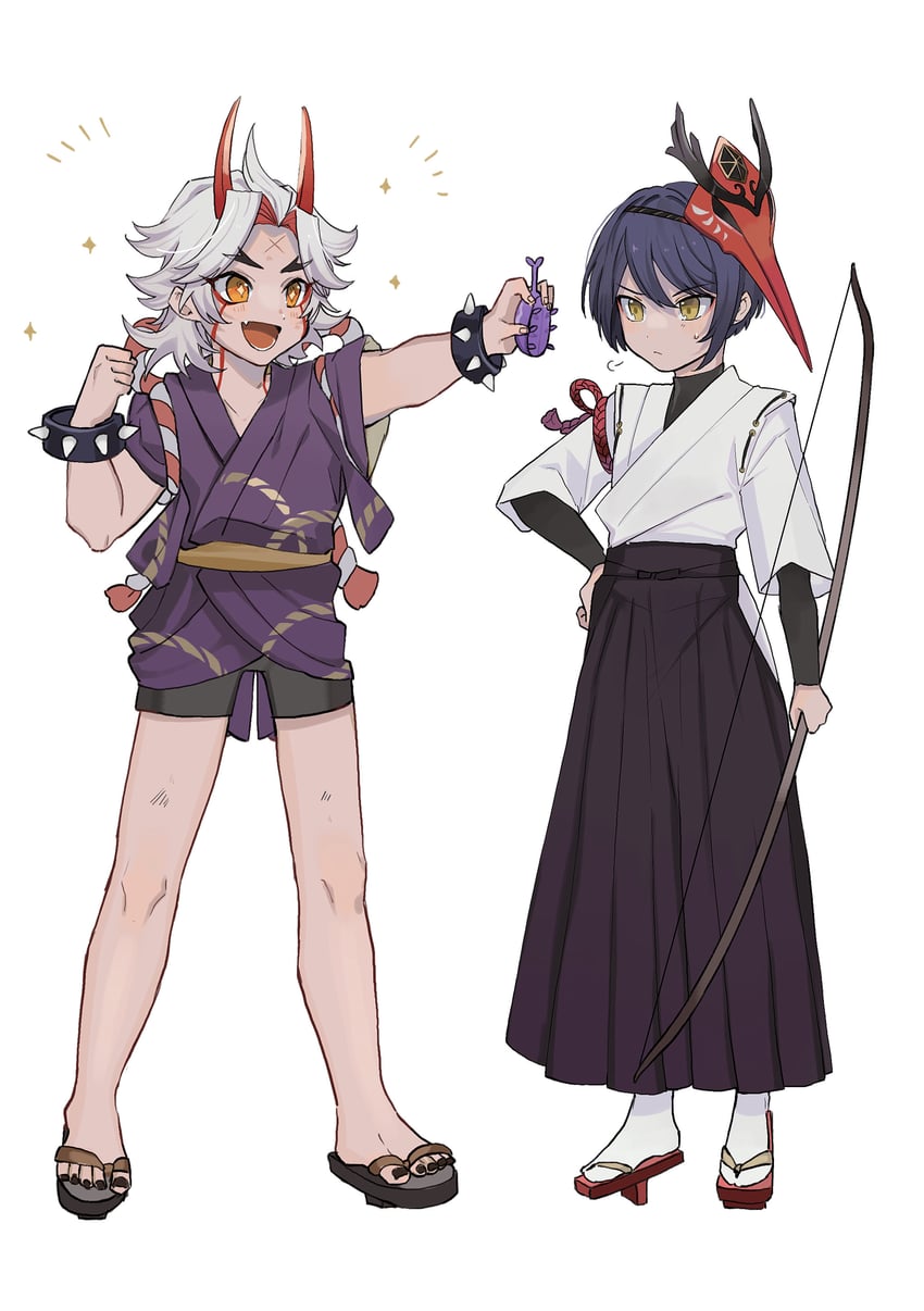 kujou sara, arataki itto, and onikabuto (genshin impact) drawn by nakura_hakuto