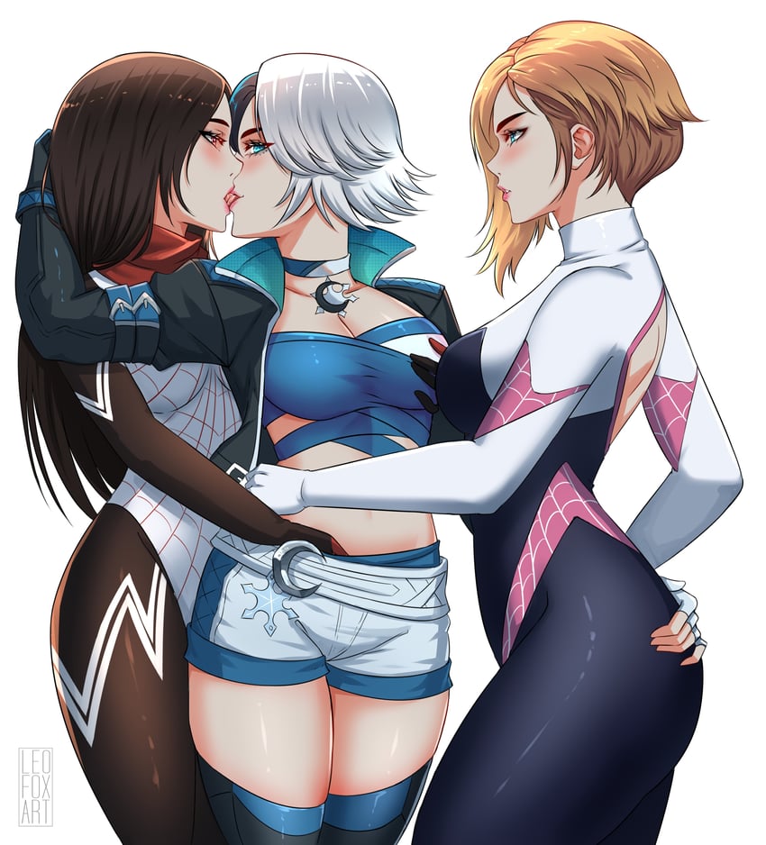 spider-gwen, gwen stacy, luna snow, silk, and cindy moon (marvel and 3 more) drawn by leofoxart