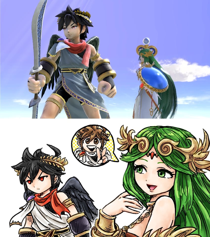palutena, pit, and dark pit (super smash bros. and 2 more) drawn by kicdon